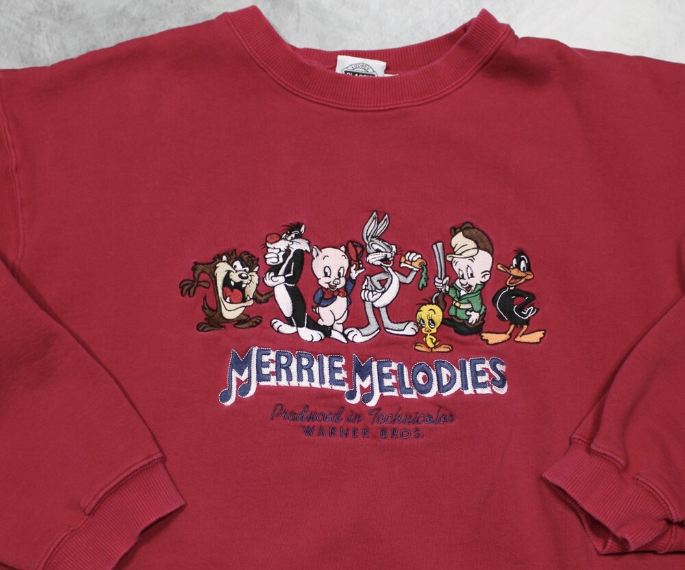 Vintage Looney Tunes Long Sleeve Sweatshirt Mens Medium Red Merrie Melodies 90s